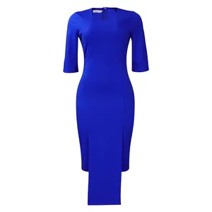 Elegant royal blue bodycon midi dress with elbow sleeves and asymmetric hem design