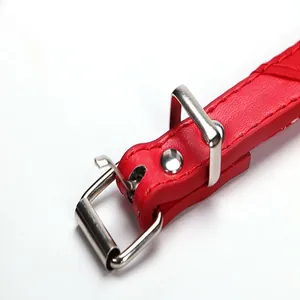 Macro view of adjustable metal buckle on a vibrant red PU leather pet collar
