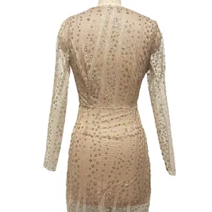 Elegant long sleeve champagne mesh glitter bodycon mini dress for evening parties