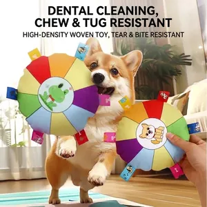 Durable plush squeaky dog flying disc toy for aggressive chewers with colorful design