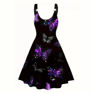 Elegante vestido negro de tirantes línea A con vibrante estampado de mariposa 3D púrpura
