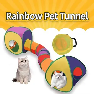 Large colorful foldable pet play tunnel with two tents for indoor cats and kittens