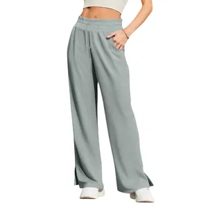 Casual grey high-waisted wide-leg lounge pants for women with stylish side slit detail