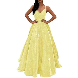 Élégante robe de soirée jaune scintillante à fines bretelles avec jupe longue fluide