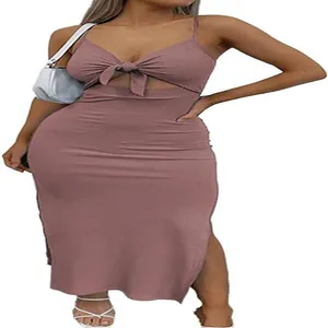 Sleeveless mauve rib-knit bodycon maxi dress with tie-front cut-out and side slit hem