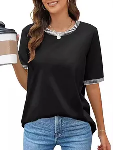 Women's classic black short sleeve T-shirt with contrast striped rib knit round neck