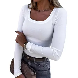 Detailed view of women's white ribbed slim-fit long-sleeve T-shirt with a square neck