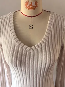 Elegant slim fit ribbed long sleeve V-neck T-shirt with soft brushed finish for women