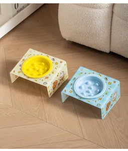 Ceramic slow feeder pet bowls with cute cartoon inclined acrylic stands for cats