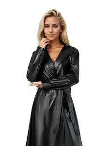 Long black faux leather windbreaker for women with stylish bathrobe design and belt