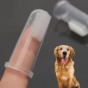 Close-up of clear silicone pet finger toothbrush showing soft cleaning bristles