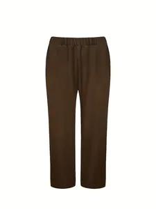 Detailed front view of dark brown high-waist solid color casual trousers for women