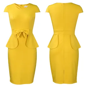 Elegantes gelbes Schößchen-Bleistiftkleid mit Schleife, Vorder- und Rückansicht.