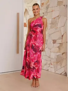 Elegant pink floral print one-shoulder maxi dress with pleated details and waist cutout