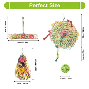 Dimensions détaillées pour quatre jouets colorés à mâcher pour perroquets en lot
