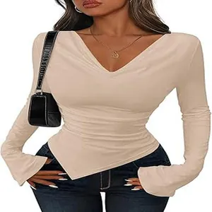 Elegant apricot slim fit asymmetric hem cowl neck long sleeve top for women fashion