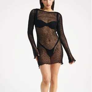 Elegant black long-sleeve knit hollow-out beach cover-up dress for summer holiday vacations