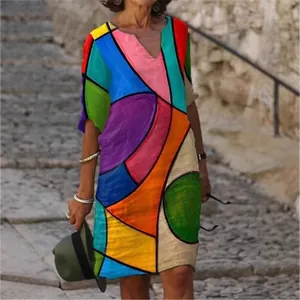Colorful retro abstract geometric print V-neck casual midi dress for women