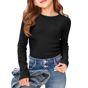 Detail view of girls' black ribbed long sleeve T-shirt with comfortable round neck