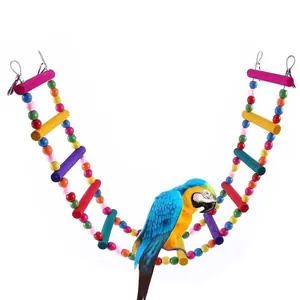 Detailed view of the vibrant wooden beads and rungs on the parrot ladder swing