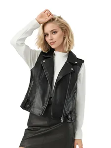 Stylish women's black faux-leather motorcycle vest with lapels shown on a studio model