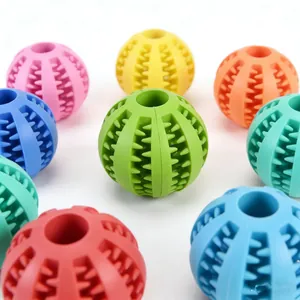 Detailed view of colorful TPR dog toy balls with textured grooves for teeth cleaning.