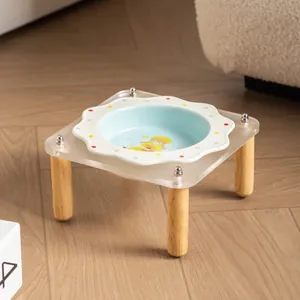 Stylish polka dot girl flower ceramic pet bowl with elevated clear acrylic and wood stand