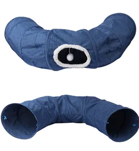 Blue foldable cat tunnel toy with hanging plush ball for indoor cats to play and hide