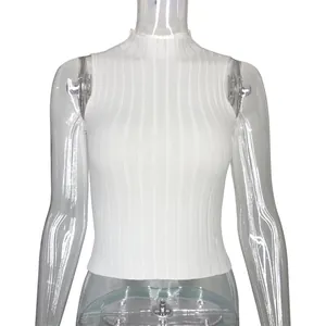 White sleeveless ribbed knit crop top with a mock neck for women's summer fashion