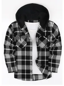 Detailed view of a men's black and white plaid long sleeve shirt with a black hood