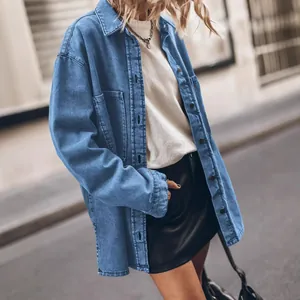 Retro oversized blue denim shirt jacket with large pockets for women's street style fashion