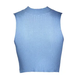 Light blue ribbed knit sleeveless mock neck crop top for women trendy summer style.
