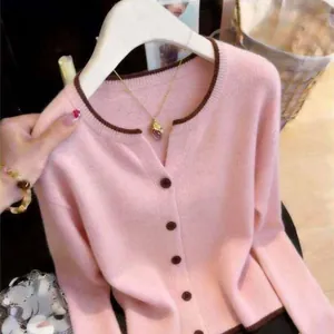 Women Korean Style Relaxed Knit Cardigan Contrast Trim Round Neck Button Front Long Sleeve Sweater Top Jacket