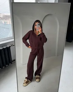 Chocolate brown 2-piece solid cotton tracksuit featuring zip-up hoodie and pants