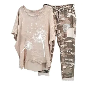 Stylish women's casual 2-piece set featuring dandelion print tee and camouflage patch pants