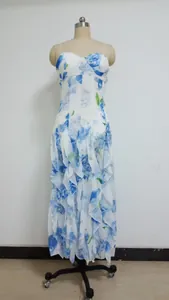Detailed front view of a white chiffon maxi dress featuring blue floral prints on a mannequin