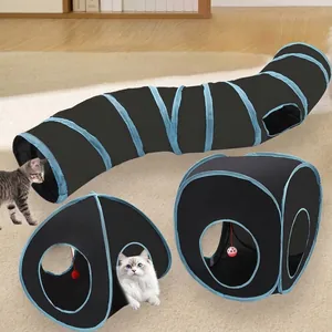 Foldable modular cat tunnel set, durable black and blue pet play tubes for indoor cats.