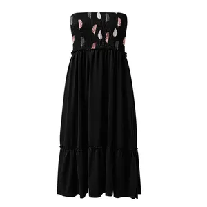 Detailed front view of black strapless midi dress featuring feather print smocked bodice