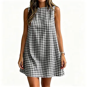Elegant sleeveless black and white gingham checkered round neck A-line casual summer dress
