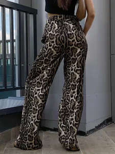 Stylish high-waisted leopard print wide-leg trousers for women with a relaxed fit