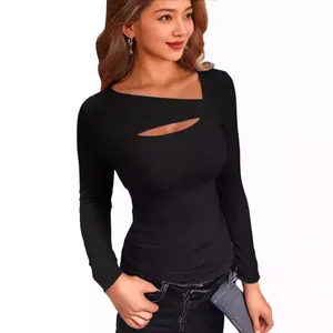 Slim fit black long-sleeve T-shirt with irregular cutout neck detail