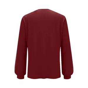 Rückansicht eines dunkelroten Damen-Freizeit-Pullovers mit Rundhalsausschnitt und langen Ärmeln.
