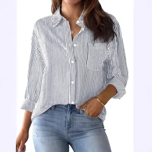 Chemise à rayures verticales bleues pour femmes, manches longues et style décontracté