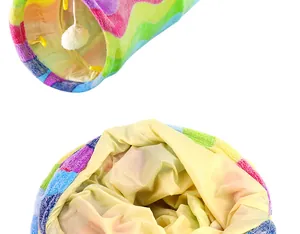Close-up detail of a colorful rainbow cat tunnel entrance with hanging plush ball toy