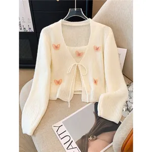 French Style 3D Butterfly Patchwork V Neck Tie Up Cardigan With Camisole Knit Sweater Top And Bottom For Women Spring Autumn