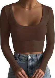 Detailed view of women's ribbed brown long sleeve slim fit scoop neck crop top t-shirt