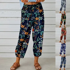 Women Vintage Floral Print High Waist Drawstring Cropped Pants Casual Cotton Linen Blend Tapered Bottoms Jogger Trousers