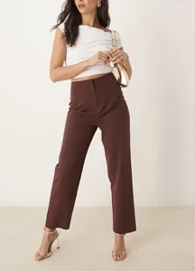 Professional women's elegant high-waisted straight-leg brown trousers for office commute