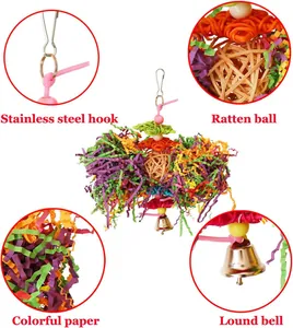 Close-up of parrot toy features: stainless steel hook, rattan ball, and colorful shredded paper.