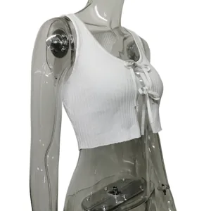 White ribbed knit crop top with front tie-up bow detail shown on a transparent female mannequin